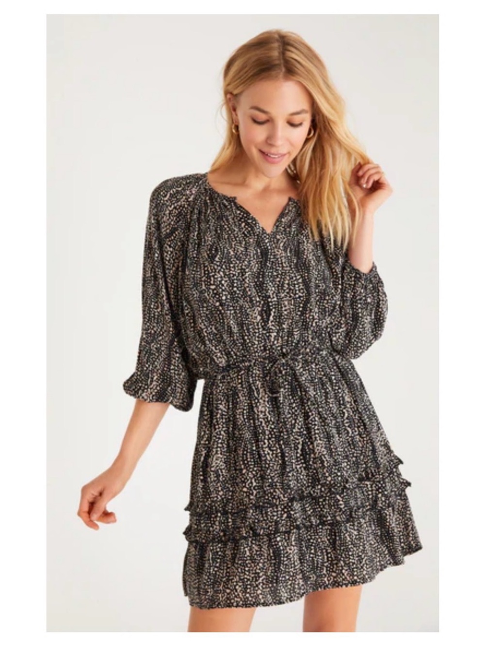 Z Supply Black and White Printed Long Sleeve Tiered Dress